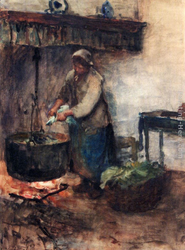 A Cottage Interior With A Peasant Woman Preparing Supper painting - Albert Neuhuys A Cottage Interior With A Peasant Woman Preparing Supper art painting